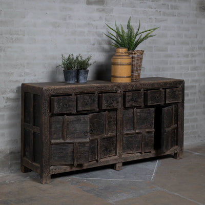 Oud Chinees dressoir van iepenhout - Zwarte patina - 4 deurs D031