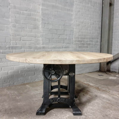 Ronde eiken eettafel in hoogte verstelbaar - industrieel design - DT34