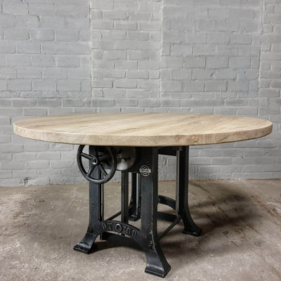 Ronde eiken eettafel in hoogte verstelbaar - industrieel design - DT34