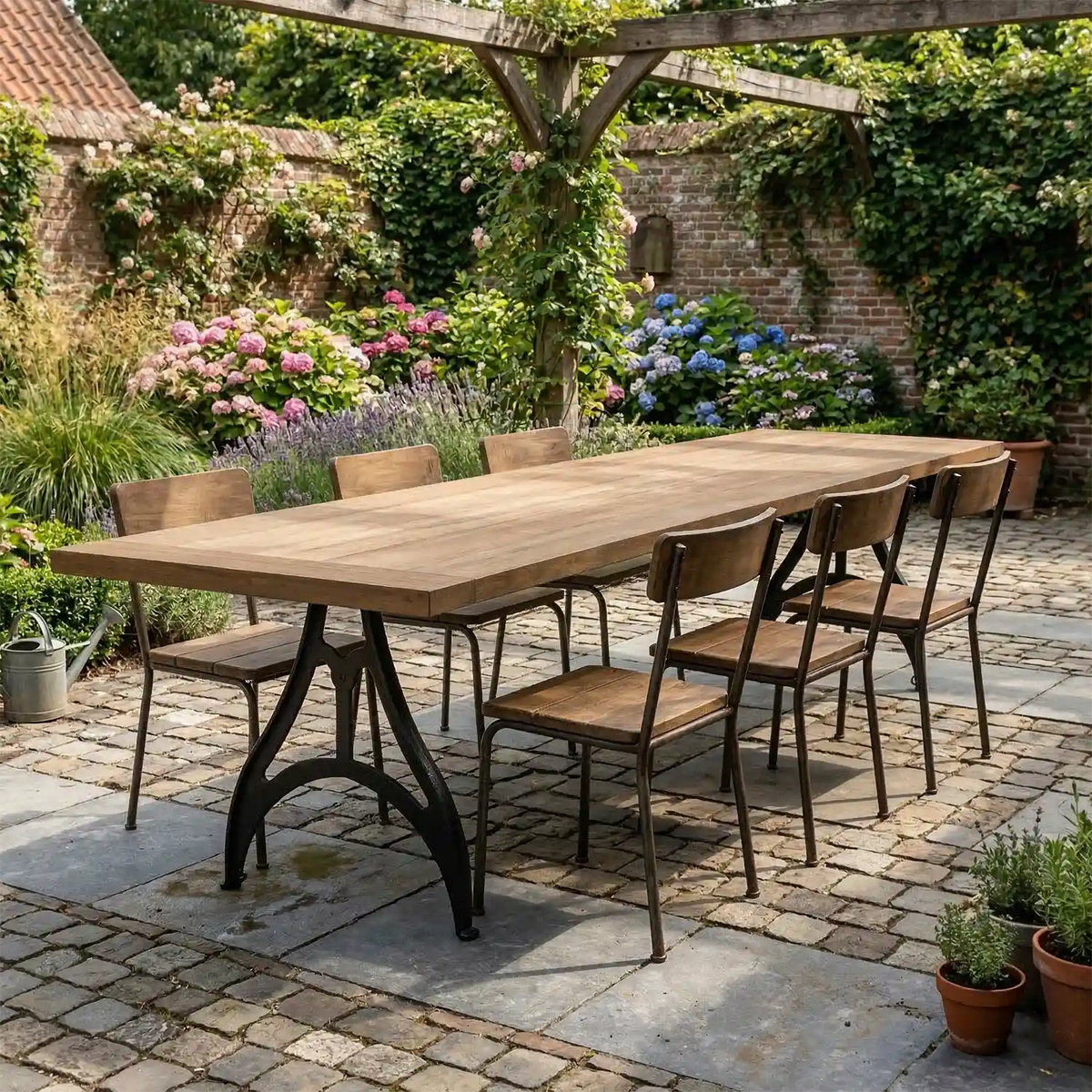 Houten tuintafel in landelijke stijl in stijlvolle achtertuin