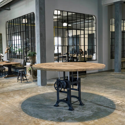 Ronde-industriële-tafel-met-in-hoogte-verstelbaar-onderstel-zonverbrand-oud-eiken-5cm-01